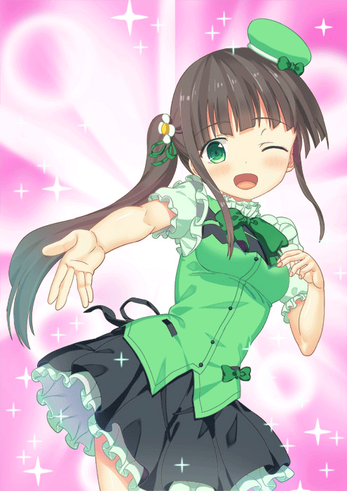 1girl, ;d, alternate_costume, bangs, black_skirt, blunt_bangs, blush, bow