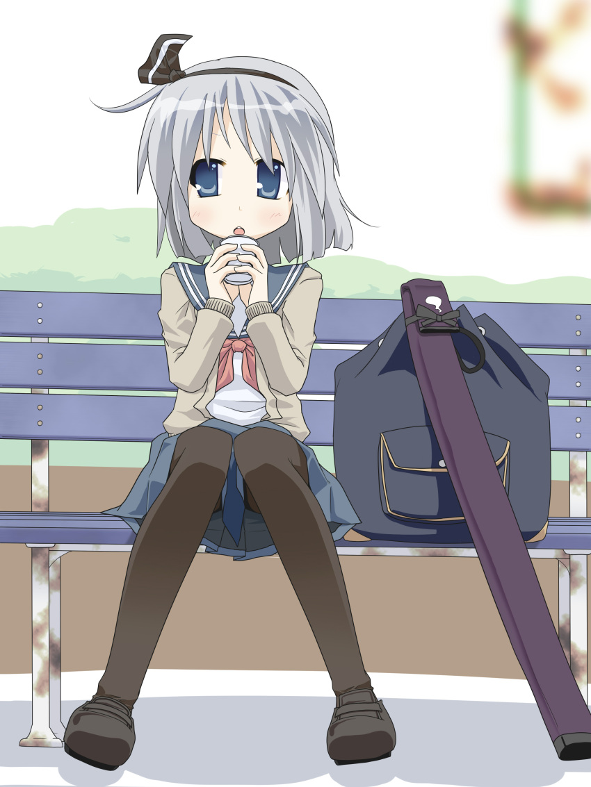 bench, blue_eyes, hairband, highres, hujikok, konpaku_youmu, pantyhose, ribbon