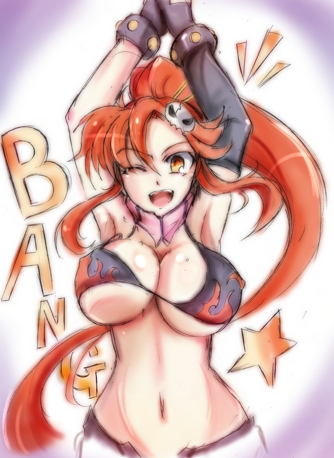 1girl, :d, bang, bikini_top, bouncing_breasts, breasts, finger_gun, hair_ornament, hair_stick, large_breasts, long_hair, looking_at_viewer, midriff, one_eye_closed, open_mouth, ponytail, redhead, scarf, sketch, skull_hair_ornament, smile, solo, star, suga_leon, tengen_toppa_gurren_lagann, under_boob, very_long_hair, yellow_eyes, yoko_littner
