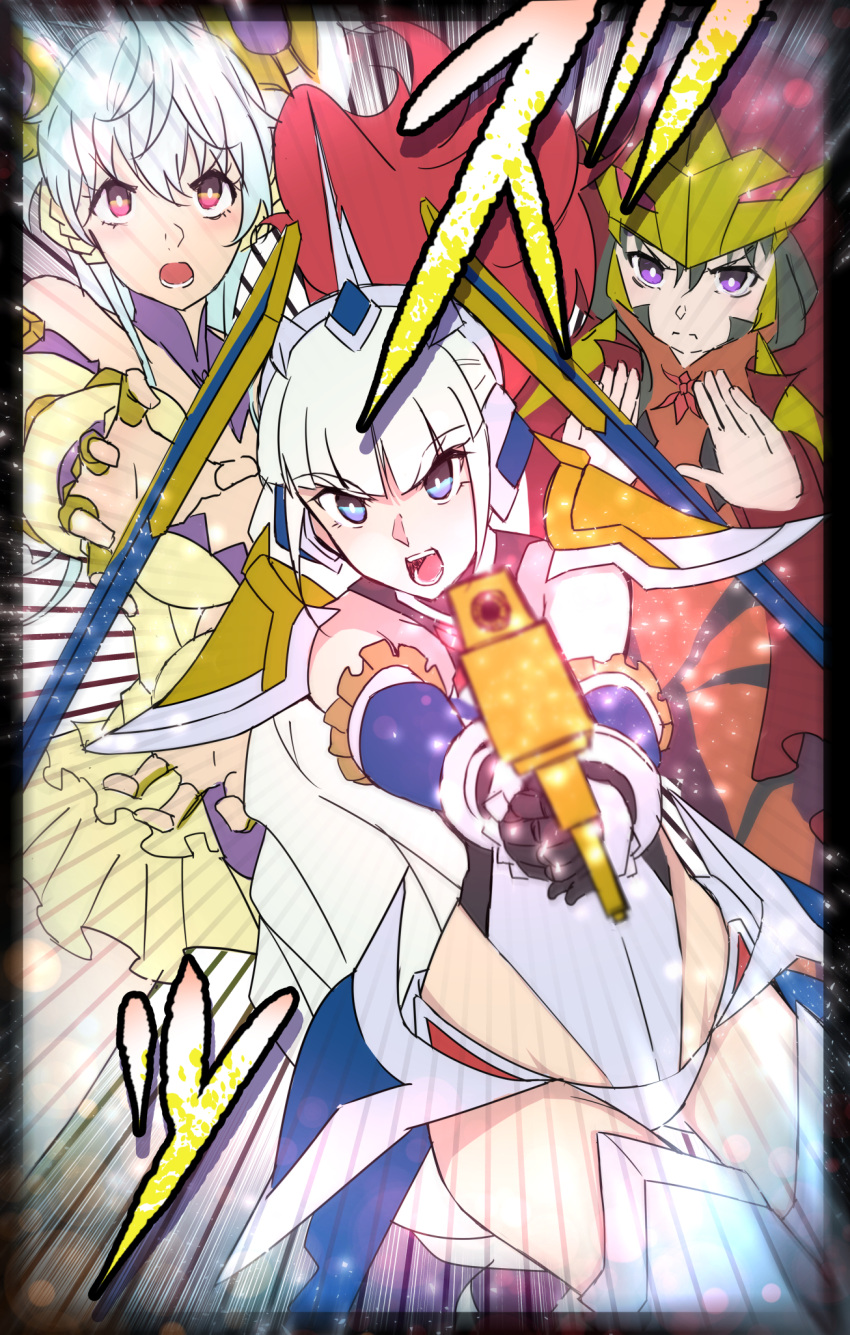 10s, 3girls, black_hair, blue_eyes, blue_hair, cagliostro_(symphogear), elbow_gloves, emphasis_lines
