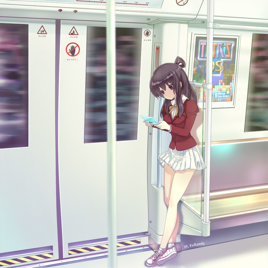 girls_playing_games, nintendo_ds, original, playing_games, purple_eyes, ribbon, school_uniform, skirt