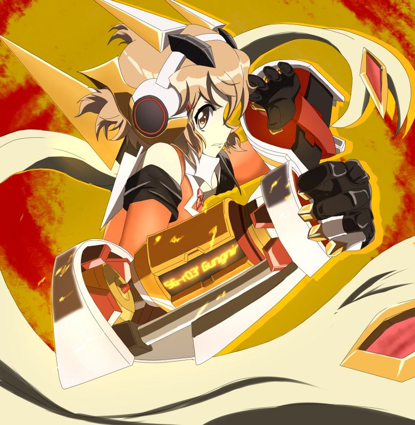 10s, 1girl, bare_shoulders, brown_eyes, brown_hair, clenched_hand, headgear, headphones