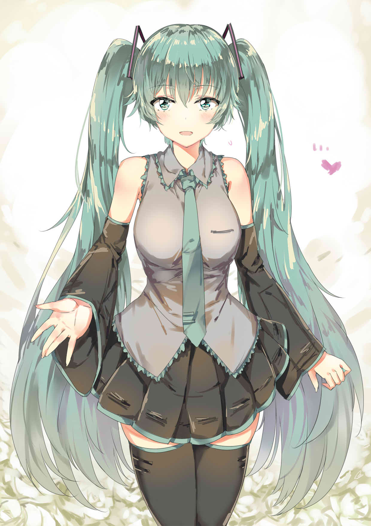 1girl, aqua_eyes, aqua_hair, bangs, bare_shoulders, black_legwear, black_skirt, blush