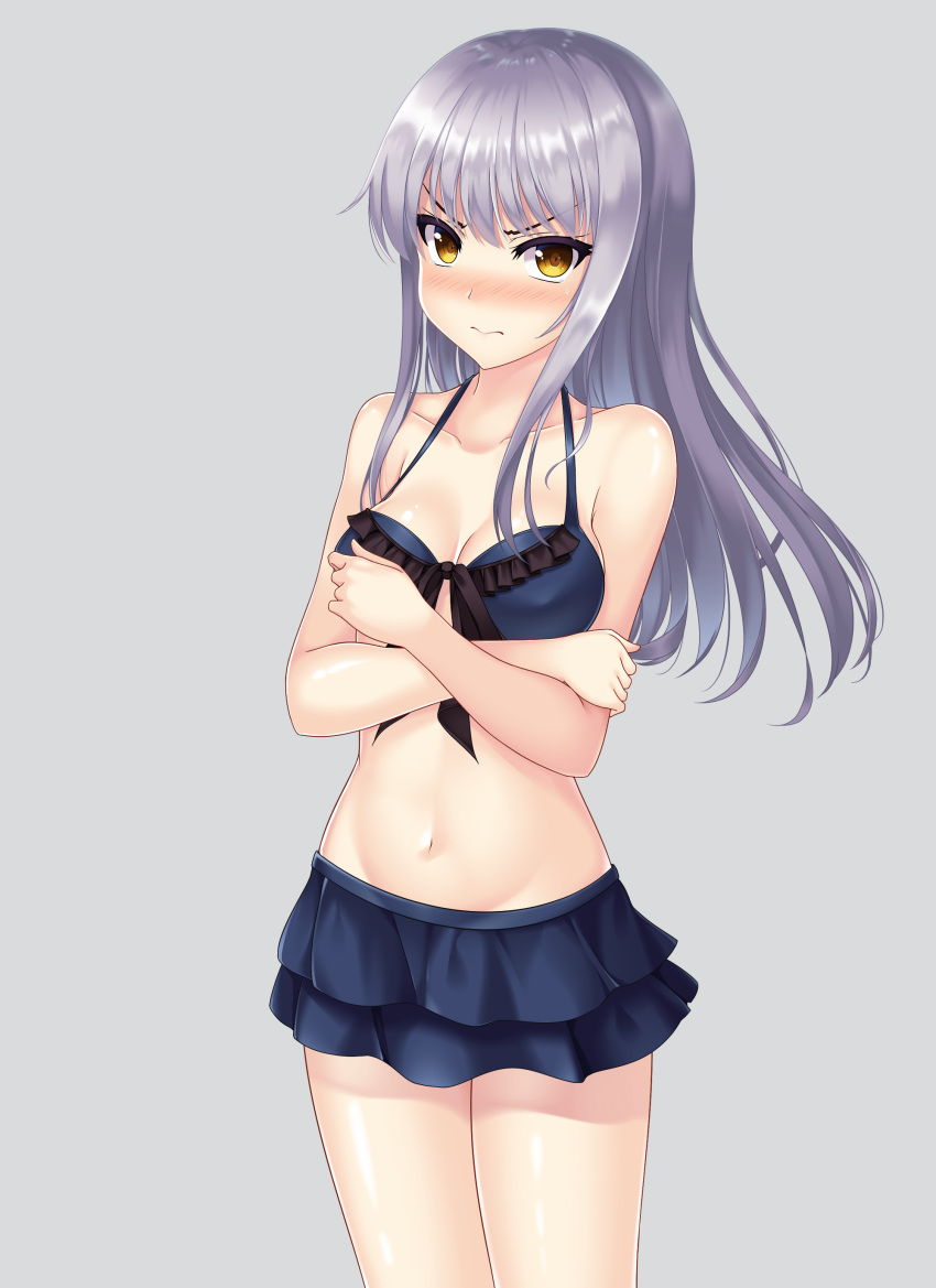 1girl, absurdres, bang_dream!, bangs, bikini, blush, breasts, brysinggamen, cleavage, cowboy_shot, grey_background, highres, looking_at_viewer, medium_breasts, minato_yukina, navel, purple_hair, simple_background, solo, swimsuit, yellow_eyes