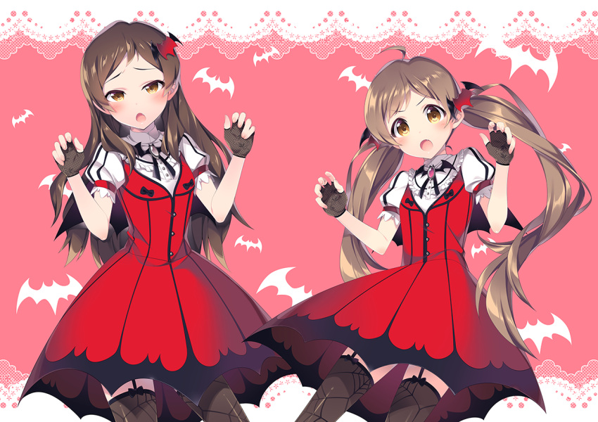 >:o, 2girls, :o, bat, bat_background, brown_eyes, brown_hair, claw_pose