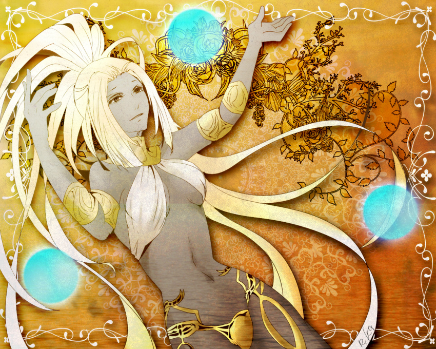 1girl, armband, arms_up, bare_shoulders, bracer, breasts, cowboy_shot, criss-cross_halter, crotch_plate, eyebrows, eyelashes, facing_away, final_fantasy, final_fantasy_xiv, floral_background, flower, forehead, goddess, gradient, gradient_background, grey_eyes, grey_skin, groin, hair_intakes, half-closed_eyes, halter_top, halterneck, headwear_removed, high_ponytail, leaf, long_hair, looking_away, medium_breasts, midriff, navel, no_bra, no_headwear, open_mouth, orange_background, orb, outstretched_arms, palms, rose, ruka_(blueplus84), sideboob, signature, smile, solo, sophia_the_goddess, stomach, turtleneck, under_boob, very_long_hair, white_hair