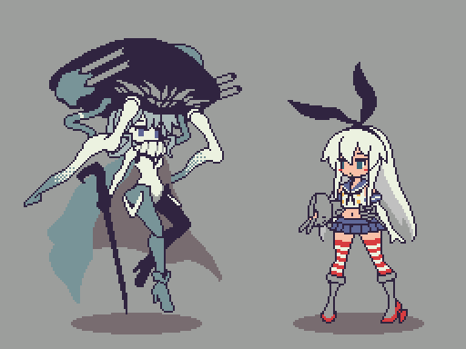 2girls, cane, commentary_request, kantai_collection, long_hair, multiple_girls, pixel_art, rensouhou-chan