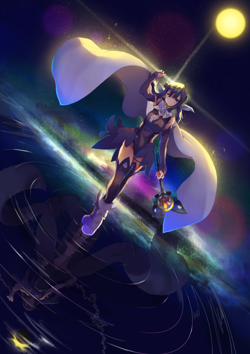 1girl, absurdres, arm_up, backlighting, black_hair, boots, breasts, cape, chains, closed_mouth, detached_sleeves, different_reflection, dress, dutch_angle, eyebrows_visible_through_hair, fate/kaleid_liner_prisma_illya, fate_(series), full_body, hair_ornament, hair_ribbon, highres, holding, holding_wand, kaleido_sapphire, kaleidostick, kamakura_(clupeoidei), legs_crossed, leotard, long_hair, looking_at_viewer, miyu_edelfelt, purple_legwear, purple_leotard, reflection, ribbon, solo, standing, standing_on_liquid, sun, thigh-highs, thigh_strap, wand, water, watson_cross, white_boots, white_cape, x_hair_ornament, yellow_eyes