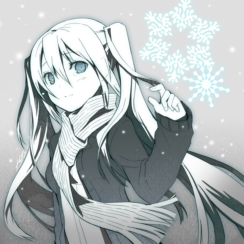 blush, h2so4, hajimete_no_koi_ga_owaru_toki_(vocaloid), hatsune_miku, monochrome, scarf, snow, snowflake