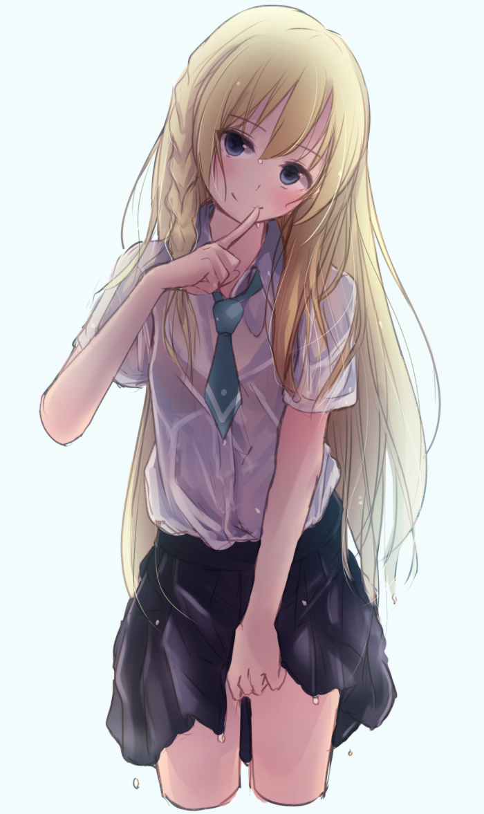 1girl, aqua_neckwear, black_skirt, blonde_hair, blue_background, blue_eyes, blush, braid