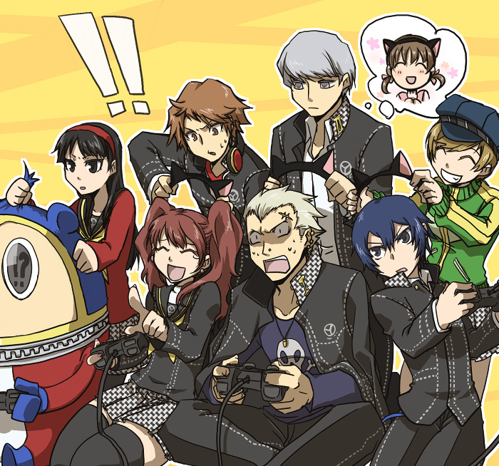 androgynous, animal_ears, bad_id, black_hair, blue_eyes, blue_hair, brown_eyes, brown_hair, cabbie_hat, doujima_nanako, game, grey_eyes, grey_hair, hanamura_yousuke, hat, headphones, kujikawa_rise, kuma_(persona_4), long_hair, najo_(nasuno), narukami_yuu, persona, persona_4, playing_games, playstation, red_hair, redhead, reverse_trap, satonaka_chie, school_uniform, seta_souji, shirogane_naoto, short_hair, smile, tatsumi_kanji, twintails