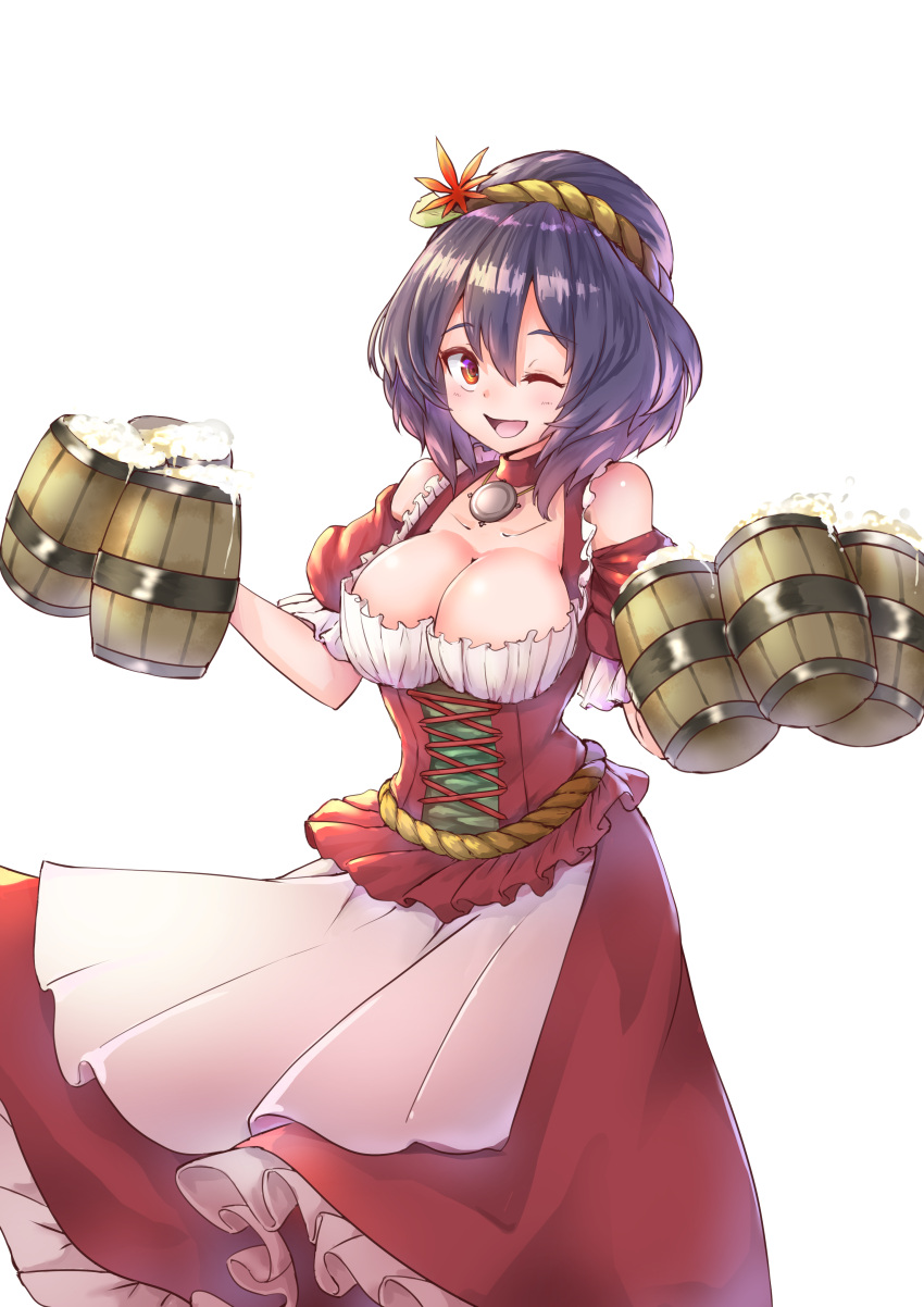 1girl, absurdres, alcohol, bare_shoulders, beer, blush, breasts, cleavage