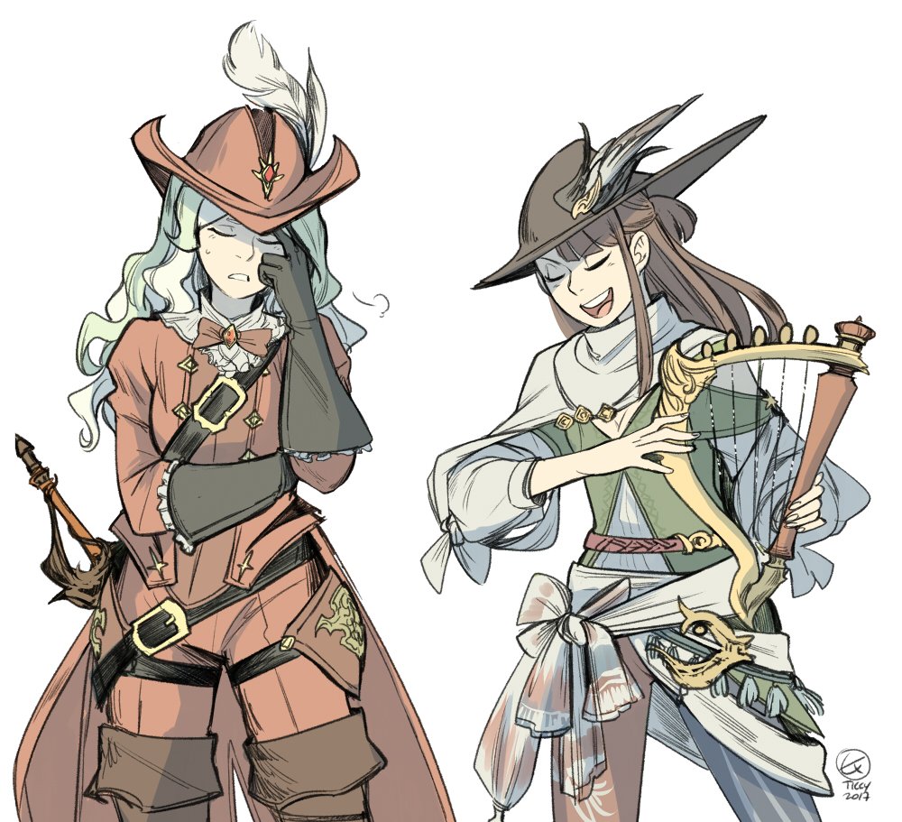 2girls, artist_name, bard_(final_fantasy), belt, closed_eyes, diana_cavendish, final_fantasy, harp