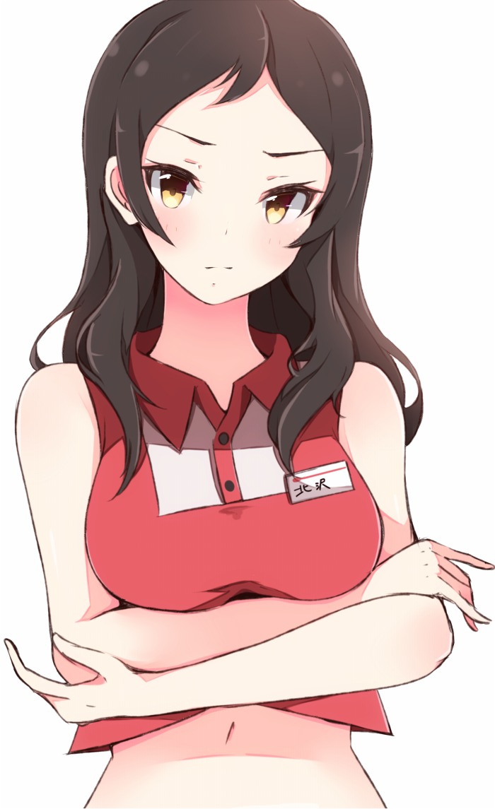 1girl, blush, breasts, brown_eyes, brown_hair, crossed_arms, employee_uniform, enelis