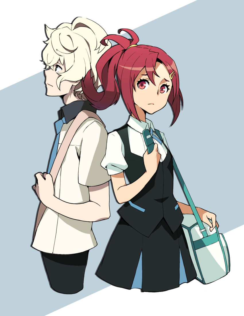 1boy, 1girl, absurdres, agata_katsuhira, bag, bangs, black_pants, black_skirt