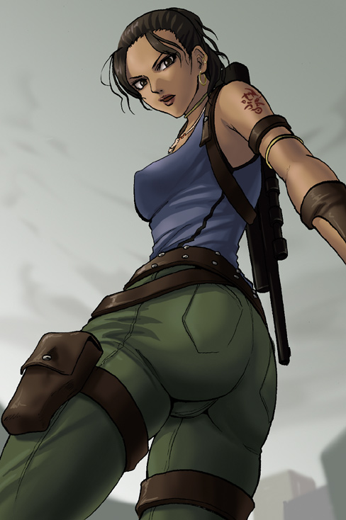brown_eyes, brown_hair, dark_skin, erect_nipples, from_below, gun, minarai_zouhyou, mound_of_venus