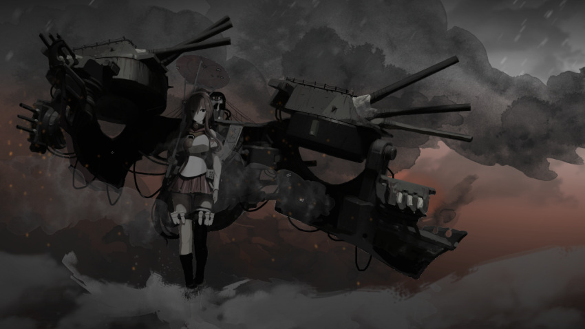 1girl, black_legwear, blush, boots, breasts, brown_eyes, brown_hair, cherry_blossoms