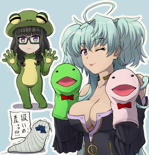 10s, 3girls, :p, ahoge, bangs, bare_shoulders, black-framed_eyewear, blue_background