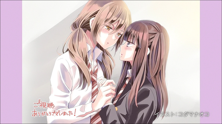 2girls, artist_name, black_hair, blazer, brown_hair, end_card, grey_background, grey_eyes