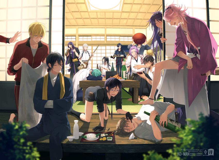 6+boys, ^_^, all_fours, aqua_hair, arm_tattoo, black_gloves, black_hair, blonde_hair