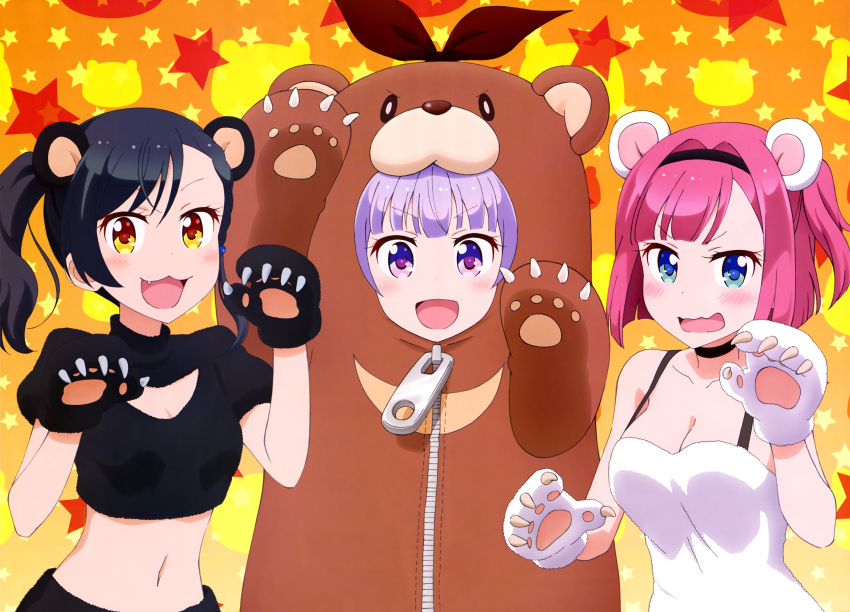 3girls, :d, absurdres, animal_costume, animal_ears, arm_up, bear_costume, bear_ears, black_gloves, black_hair, black_hairband, blue_eyes, blush, breasts, choker, cleavage, cleavage_cutout, collarbone, crop_top, eyebrows_visible_though_hair, fang, gloves, hairband, highres, looking_at_viewer, medium_breasts, midriff, mochizuki_momiji, multiple_girls, narumi_tsubame, navel, new_game!, official_art, open_mouth, paw_gloves, paws, pink_hair, purple_hair, short_hair, side_ponytail, sleeveless, small_breasts, smile, standing, star, stomach, suzukaze_aoba, upper_body, violet_eyes, white_gloves, yellow_eyes, zipper