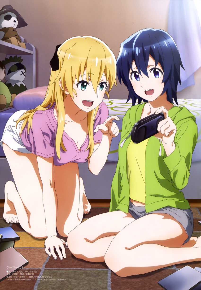 2girls, :d, absurdres, all_fours, bare_shoulders, barefoot, bed, bedroom
