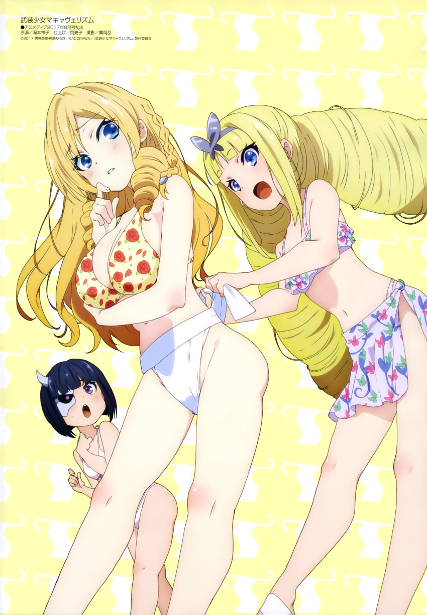 3girls, absurdres, ass, bikini, black_hair, blonde_hair, blue_eyes, blush