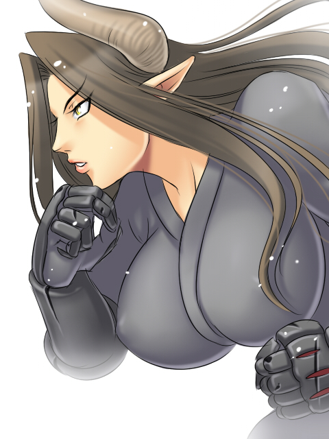 amagata_(pixiv), breasts, brown_hair, horns, huge_breasts, pixiv_yousenki, pointy_ears, solo