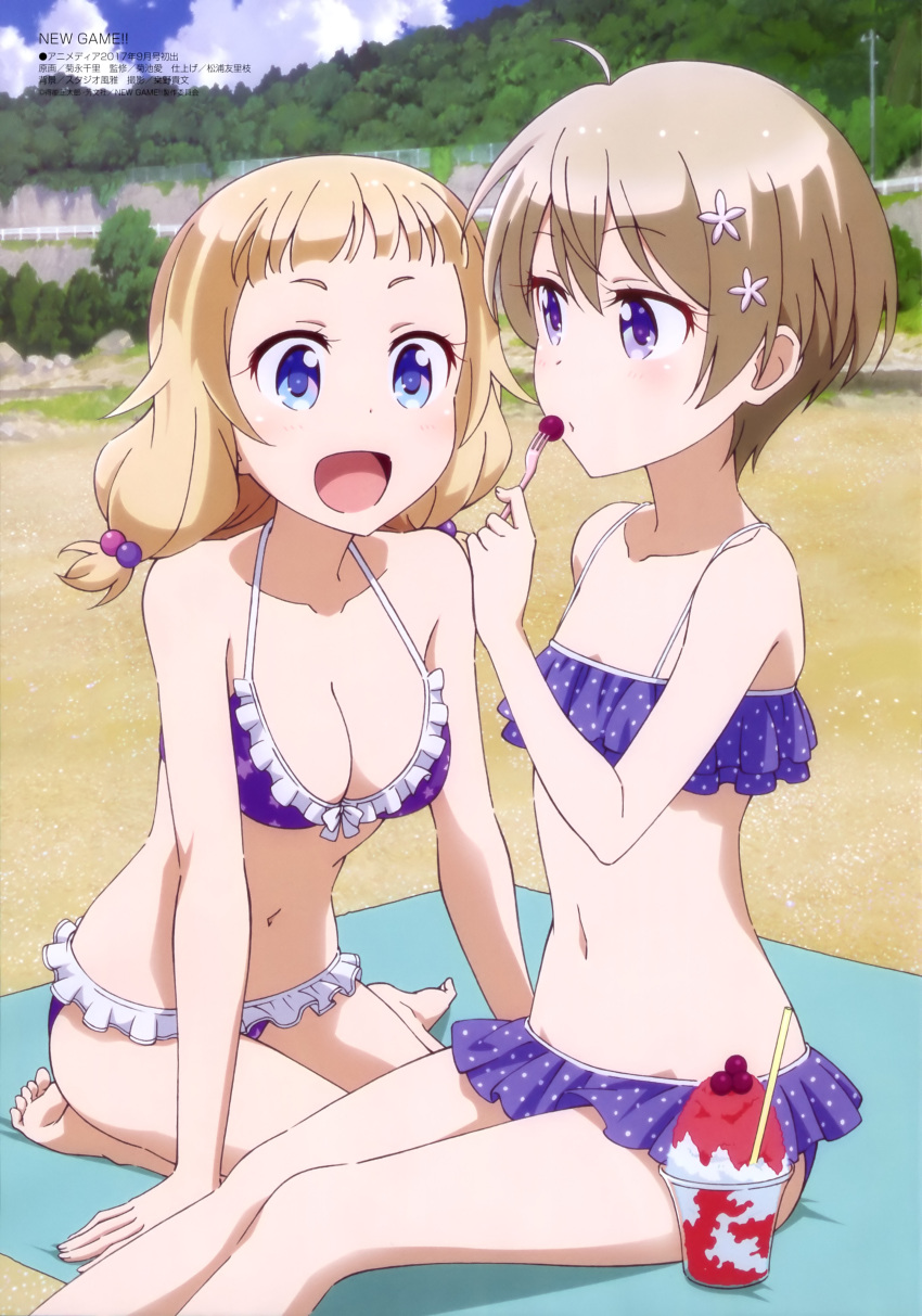 2girls, :d, absurdres, ahoge, bare_shoulders, barefoot, beach, bikini