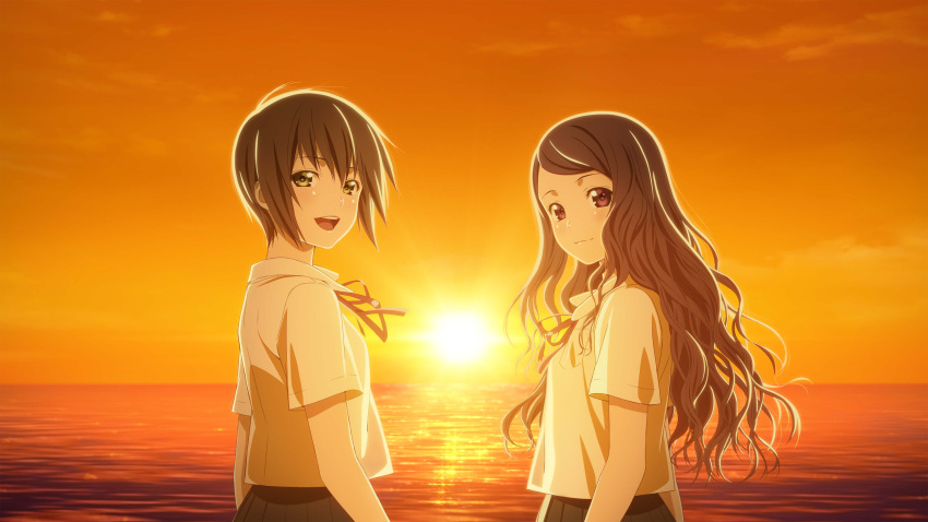 2girls, :d, absurdres, black_skirt, brown_eyes, brown_hair, day, haruki_misora