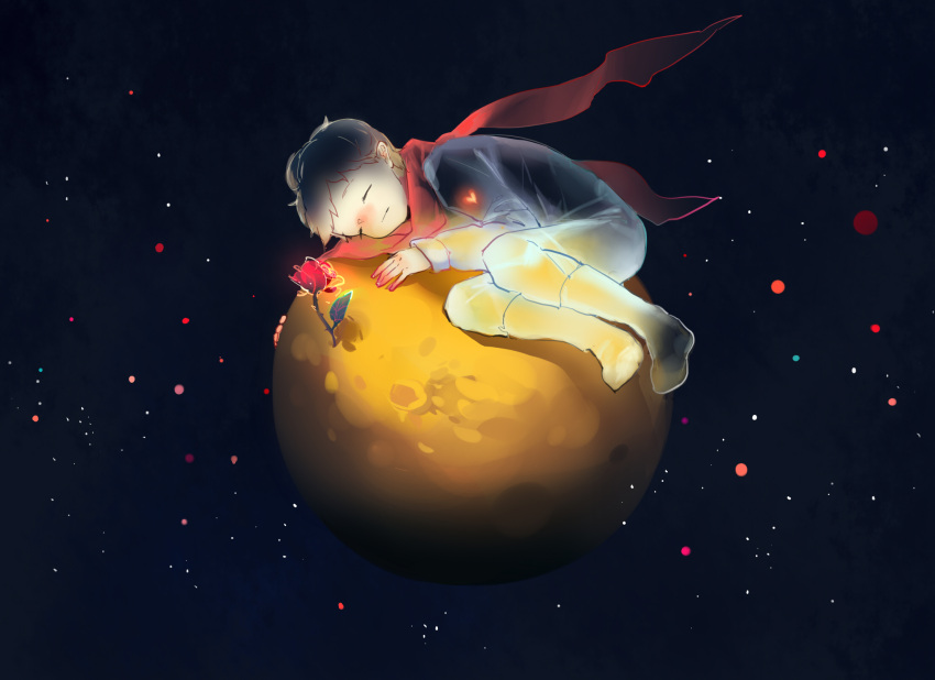 1boy, black_hair, black_shirt, closed_eyes, flower, heart, highres, le_petit_prince