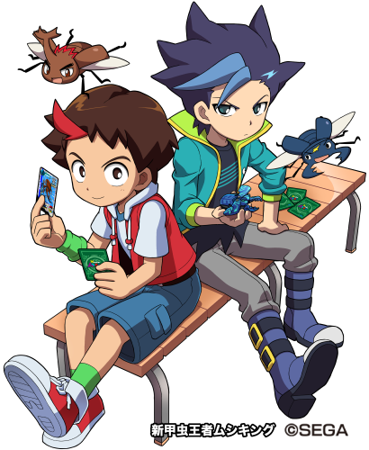 2boys, beetle, bench, black_eyes, black_shirt, blue_footwear, blue_hair, boots, brown_eyes, brown_hair, card, green_jacket, green_legwear, jacket, kamiya_reiji, kojirou_(mushiking), koumoto_shuu, looking_at_viewer, lowres, male_focus, multicolored_hair, multiple_boys, mushiking, official_art, shirataki, shirt, shoes, shorts, simple_background, sitting, sneakers, socks, streaked_hair, takezou_(mushiking), v-gauge, vest, watermark, white_background