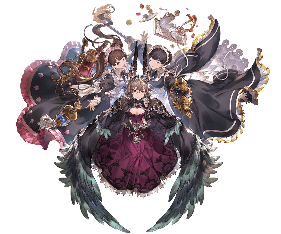 3girls, apron, boots, breasts, brown_hair, cape, claudia_(granblue_fantasy), cleavage