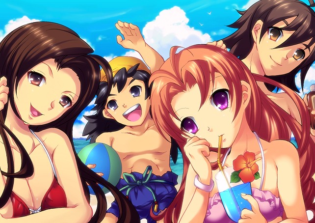 aira_(dq7), breasts, brown_hair, cleavage, curly_hair, dragon_quest, dragon_quest_vii, enoo, gabo, hat, hero_(dq7), long_hair, looking_at_viewer, maribel_(dq7), multiple_boys, multiple_girls, open_mouth, redhead, short_hair, smile