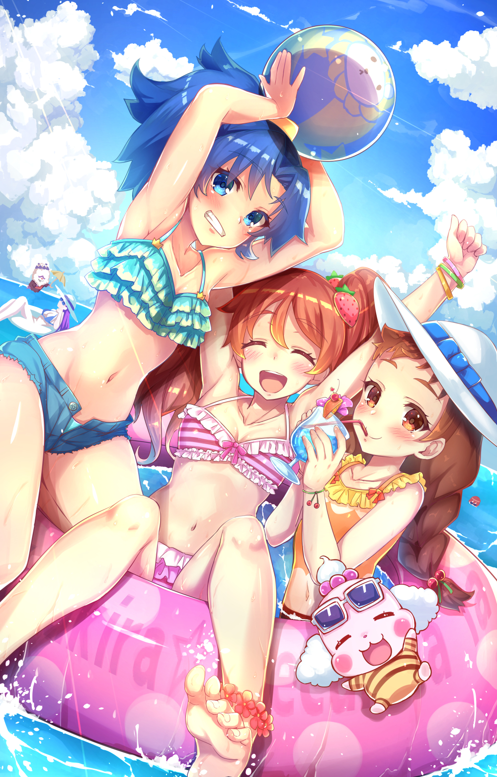 5girls, arisugawa_himari, armpits, arms_up, ball, barefoot, beachball, bikini, blue_eyes, blue_hair, blue_shorts, bracelet, braid, brown_eyes, brown_hair, chourou_(precure), closed_eyes, clouds, collarbone, copyright_name, creature, day, drinking_straw, feet, food_themed_hair_ornament, grin, hair_ornament, hat, highres, holding, holding_ball, holding_glass, innertube, jewelry, kenjou_akira, kirakira_precure_a_la_mode, kotozume_yukari, long_hair, looking_at_viewer, multiple_girls, navel, open_fly, pekorin_(precure), pink_bikini, precure, purple_hair, redhead, revision, satou_(kuso-neet), short_hair, short_shorts, shorts, sky, smile, soles, strawberry_hair_ornament, sun_hat, swimsuit, tategami_aoi, toes, umbrella, unbuttoned, usami_ichika, water, white_hat