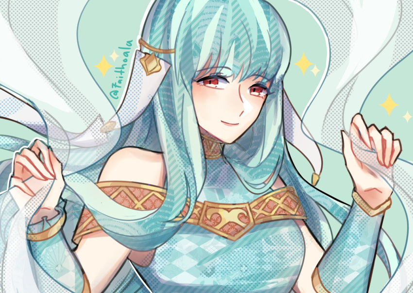 1girl, bare_shoulders, blue_hair, cape, dress, faithoala, fire_emblem, fire_emblem:_rekka_no_ken, fire_emblem_heroes, hair_ornament, highres, long_hair, looking_at_viewer, mamkute, ninian, red_eyes, smile, solo