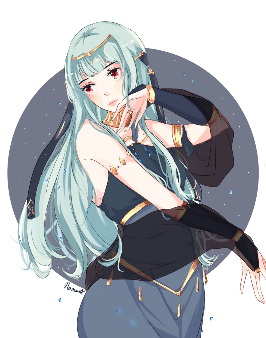 1girl, alternate_costume, bare_shoulders, blue_hair, cape, dress, fire_emblem, fire_emblem:_rekka_no_ken