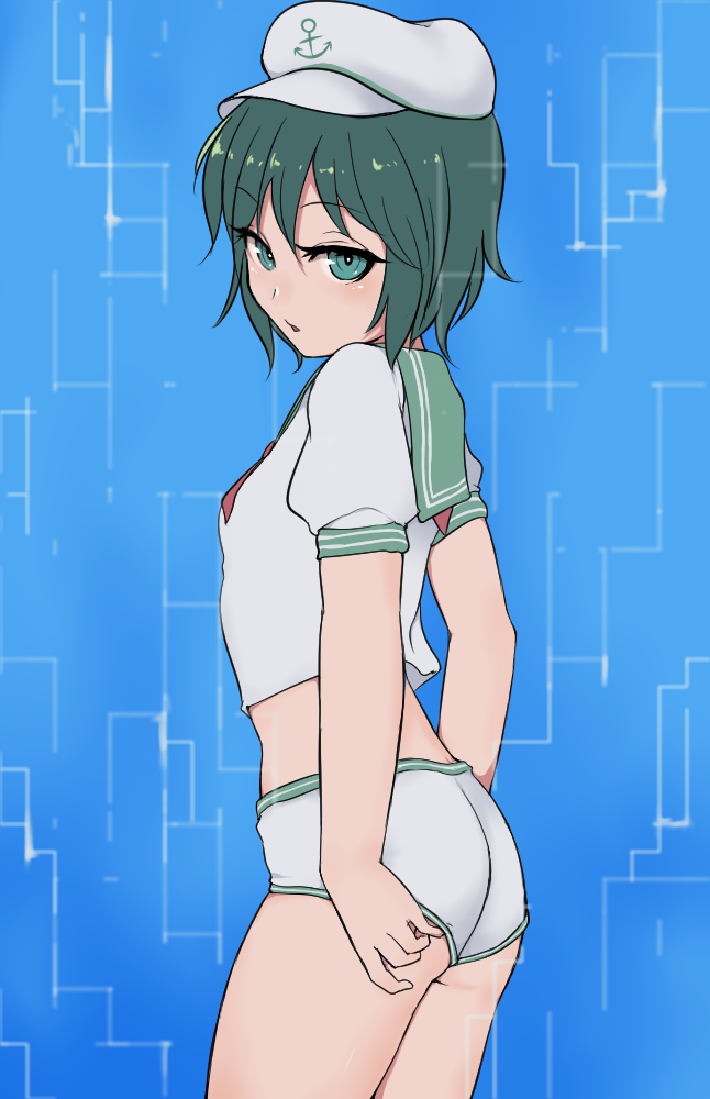 1girl, adjusting_clothes, adjusting_shorts, anchor_symbol, arms_at_sides, ass, bare_arms, bare_legs
