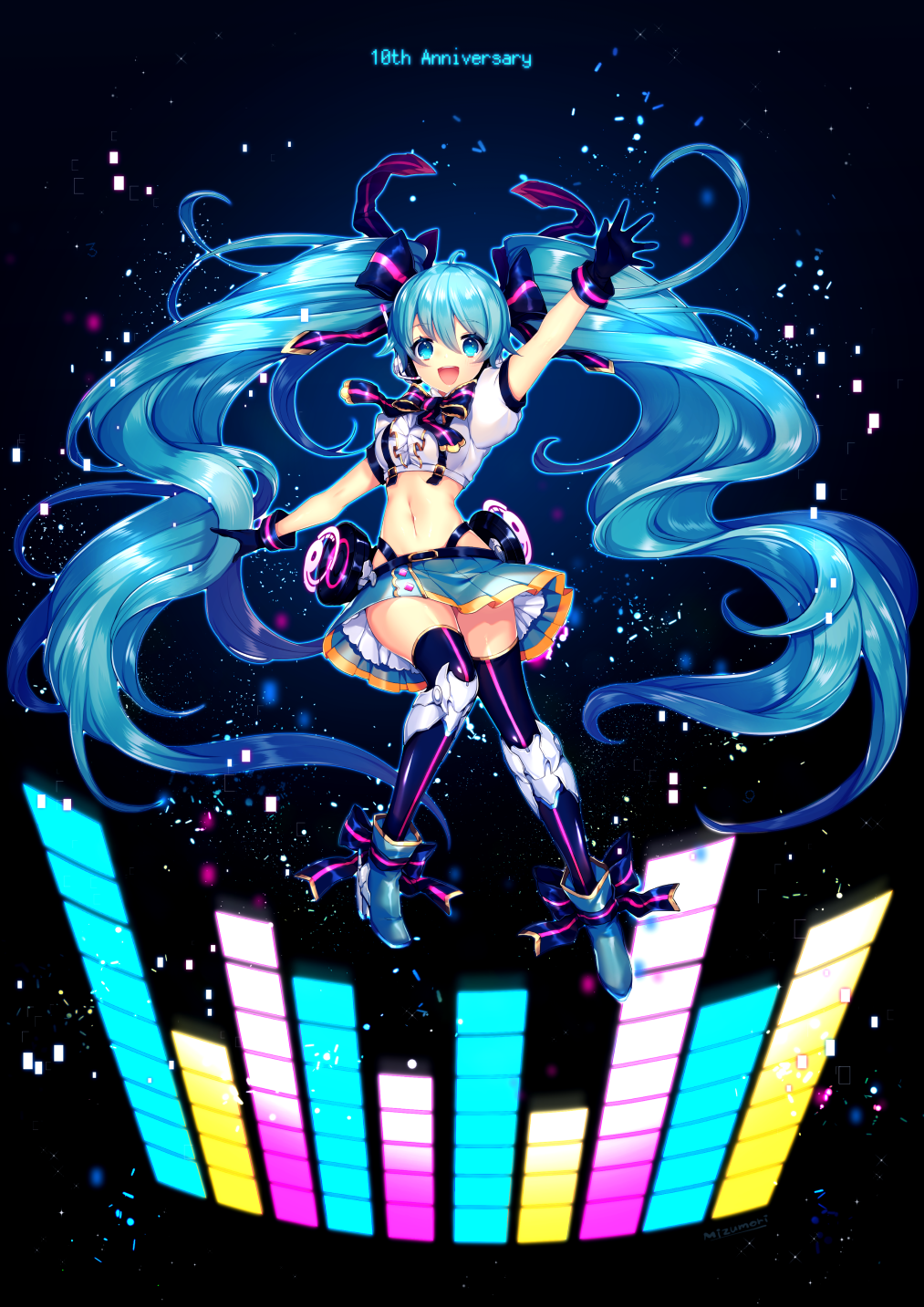 1girl, :d, absurdly_long_hair, anniversary, arm_up, bangs, black_gloves, blue_eyes, blue_hair, eyebrows_visible_through_hair, full_body, gloves, hair_ribbon, hatsune_miku, highres, long_hair, looking_at_viewer, midriff, mizumori_(xcllcx), navel, open_mouth, outstretched_arms, ribbon, skirt, smile, solo, thigh-highs, twintails, very_long_hair, vocaloid
