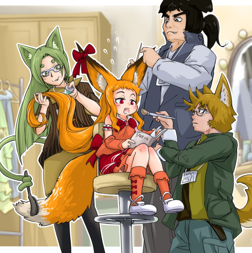 2boys, 2girls, :3, :d, animal_ears, arm_garter, bangs, black_eyes