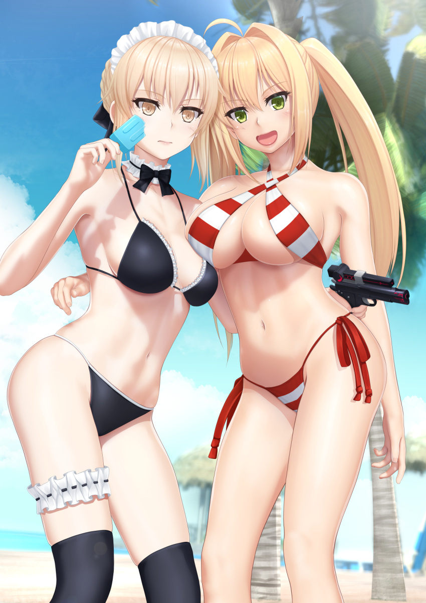 2girls, :d, ahoge, arm_around_waist, armpits, artoria_pendragon_(all), artoria_pendragon_(swimsuit_rider_alter)_(fate), asymmetrical_docking