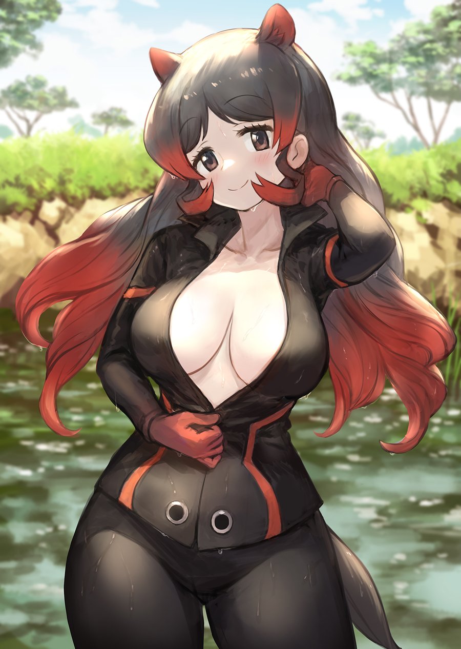 1girl, animal_ears, bangs, black_hair, blush, breasts, brown_eyes, catsuit