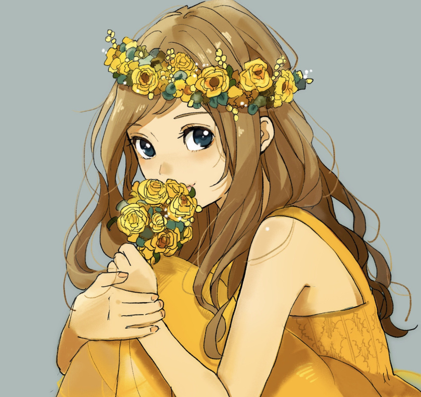 1girl, bare_arms, bare_shoulders, blue_background, blue_eyes, blush, bouquet, brown_hair