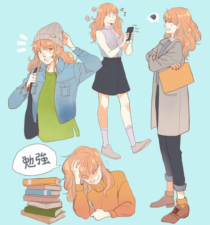 bangs, beanie, black_nails, blue_background, book_stack, cellphone, cheese_in_the_trap, clenched_teeth, coat, denim, denim_skirt, eyebrows_visible_through_hair, full_body, hand_on_own_head, hat, highres, hong_sul, jacket, jewelry, korean, long_hair, multiple_views, musical_note, nail_polish, orange_eyes, orange_hair, orange_sweater, pen, penginius, phone, ring, shirt, skirt, sleeveless, sleeveless_shirt, smartphone, smile, standing, sweatdrop, sweater, teeth, turtleneck, turtleneck_sweater