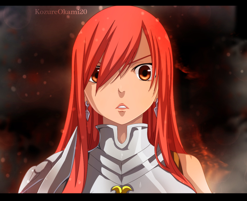 1girl, armor, armored_dress, dark_background, erza_scarlet, fairy_tail, kozureokami20, red_eyes