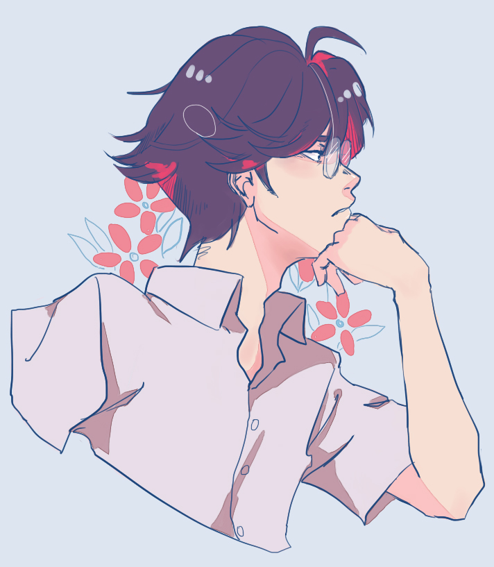 1boy, black_hair, chin_rest, dress_shirt, from_side, glasses, male_focus, penginius