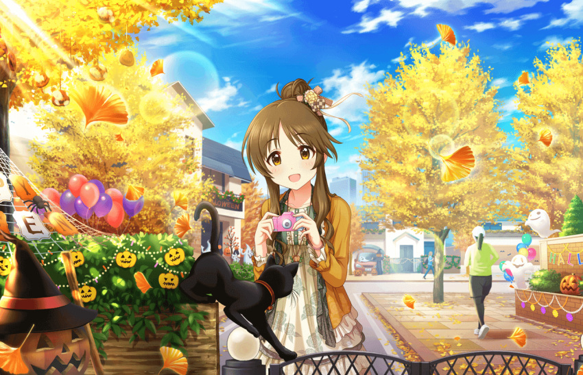 1girl, :d, artist_request, black_cat, brown_hair, camera, cat, halloween