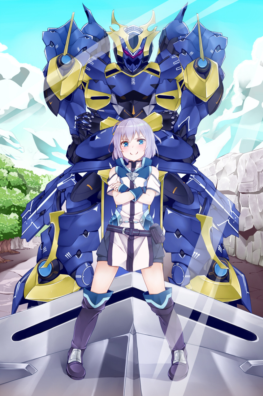 1boy, belt, blue_eyes, blush, boots, clouds, crossed_arms, ernesti_echevalier, gunbuster_pose, highres, ikaruga_(knight's_&amp;_magic), knight's_&amp;_magic, knight's_and_magic, mecha, short_hair, short_sleeves, shorts, shoulder_cutout, silver_hair, sky, smile, tree, yuirimo