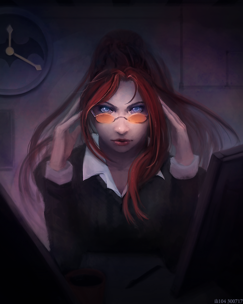 1girl, analog_clock, barbara_gordon, batman_(series), blue_eyes, clock, collared_shirt, dc_comics