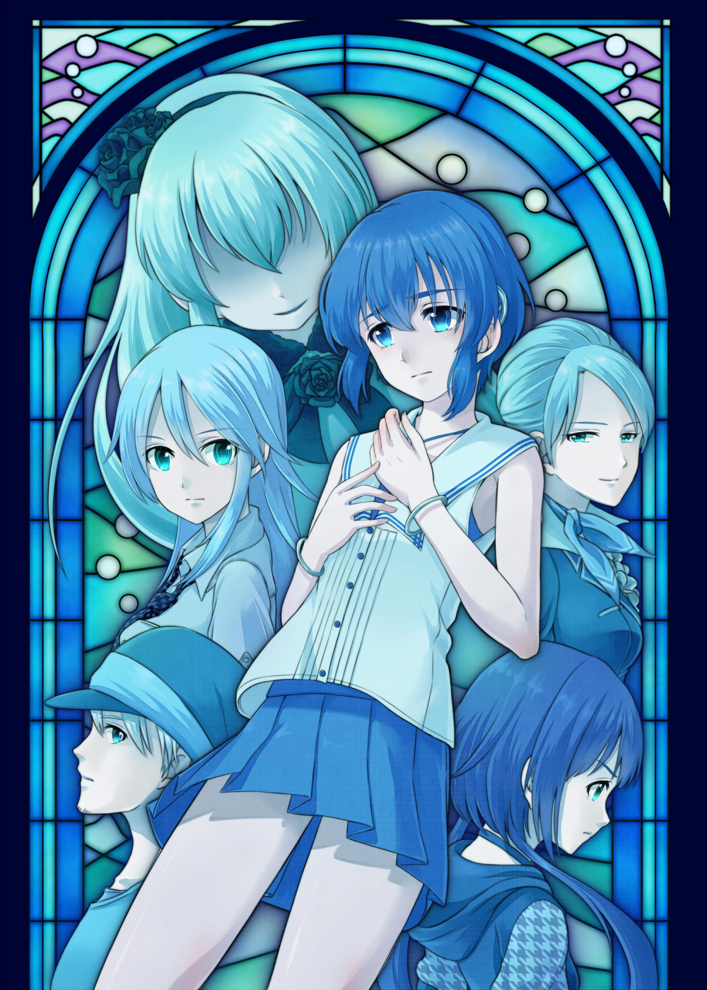 1boy, 5girls, blue, blue_eyes, blue_hair, checkered, checkered_neckwear, choker, closed_mouth, collared_shirt, commentary_request, eyebrows_visible_through_hair, flower, hair_between_eyes, hair_ribbon, hat, highres, hiyoshi_kenji, houndstooth, light_smile, long_hair, looking_at_viewer, low_twintails, matsusatoru_kouji, multiple_girls, nakanobe_mari, nakanobe_mayumi, necktie, official_art, parted_lips, pleated_skirt, profile, ribbon, rose, saginuma_rieko, sailor_collar, sakuragi_sayo, shaded_face, shirt, shizuku_no_oto, short_hair, siblings, sisters, skirt, sleeveless, sleeveless_shirt, stained_glass, tamagawa_himeno, twintails, wing_collar